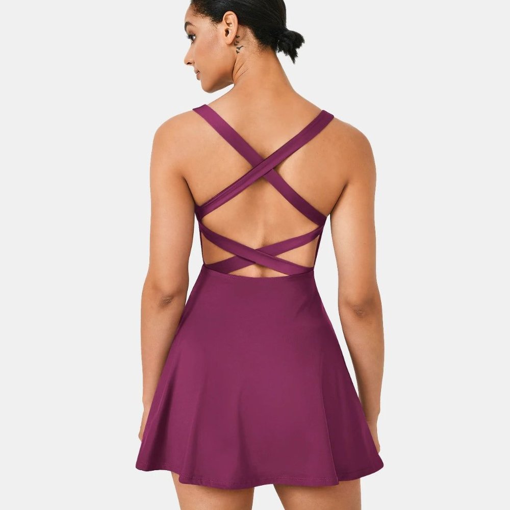 Halara Criss-Cross Backless Plain 2-Piece Barre Ballet Dance Flared Dress
